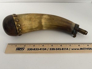 Vintage Black Powder Horn Flask Rifle Flintlock Muzzxle Loader Brass & Wood