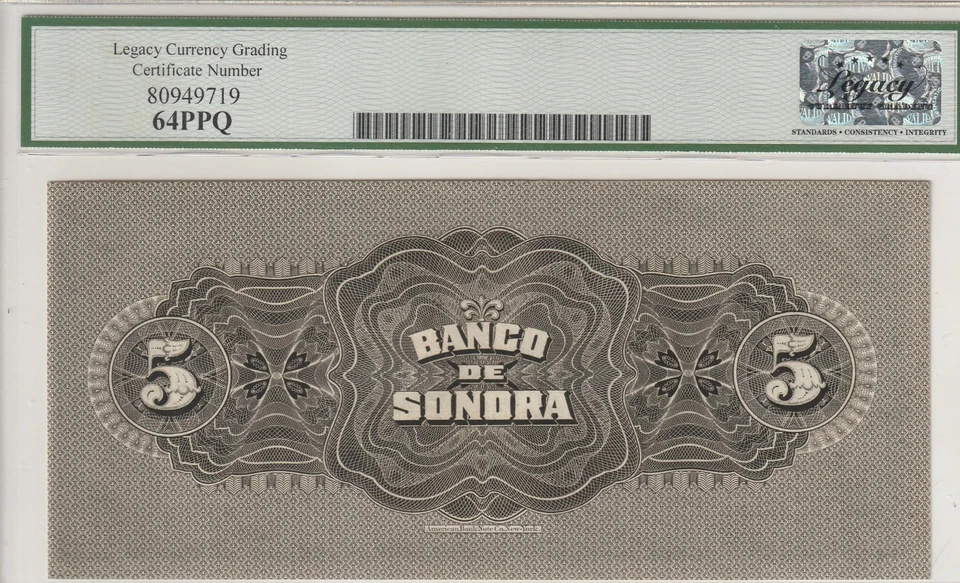 EL BANCO DE SONORA  5 PESOS  (  1897-1911 )HERMOSILLO - PUEBLA  MS-64 PPQ - Image 2 of 2