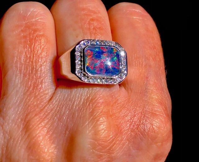 Mens Solid Black Opal Signet ring 9 Red Blue FIRE Halo Heavy Sterling ring VIDEO image 8