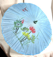 Vintage Chinese Hand Painted Fabric Parasol 32" Bamboo Wood Handle