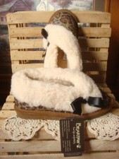 BEARPAW NICOLE METALLIC LEOPARD INDOOR OUTDOOR SLIPPERS WOOL SHERPA TRIM