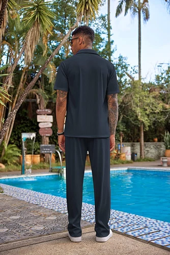 Men Outfit 2-Piece Set Half Sleeve Button Shirt and Pants Sweatsuit Set - Picture 17 of 30