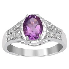 Solitaire With Accents Oval 8X8 MM Amethyst 925 Sterling Silver Ring