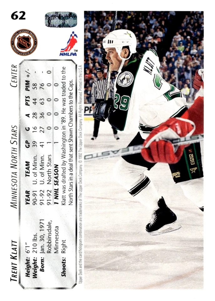 Trent Klatt - Signed 1992-93 Upper Deck Rookie Card #62 - Dallas Stars - Image 2 of 2