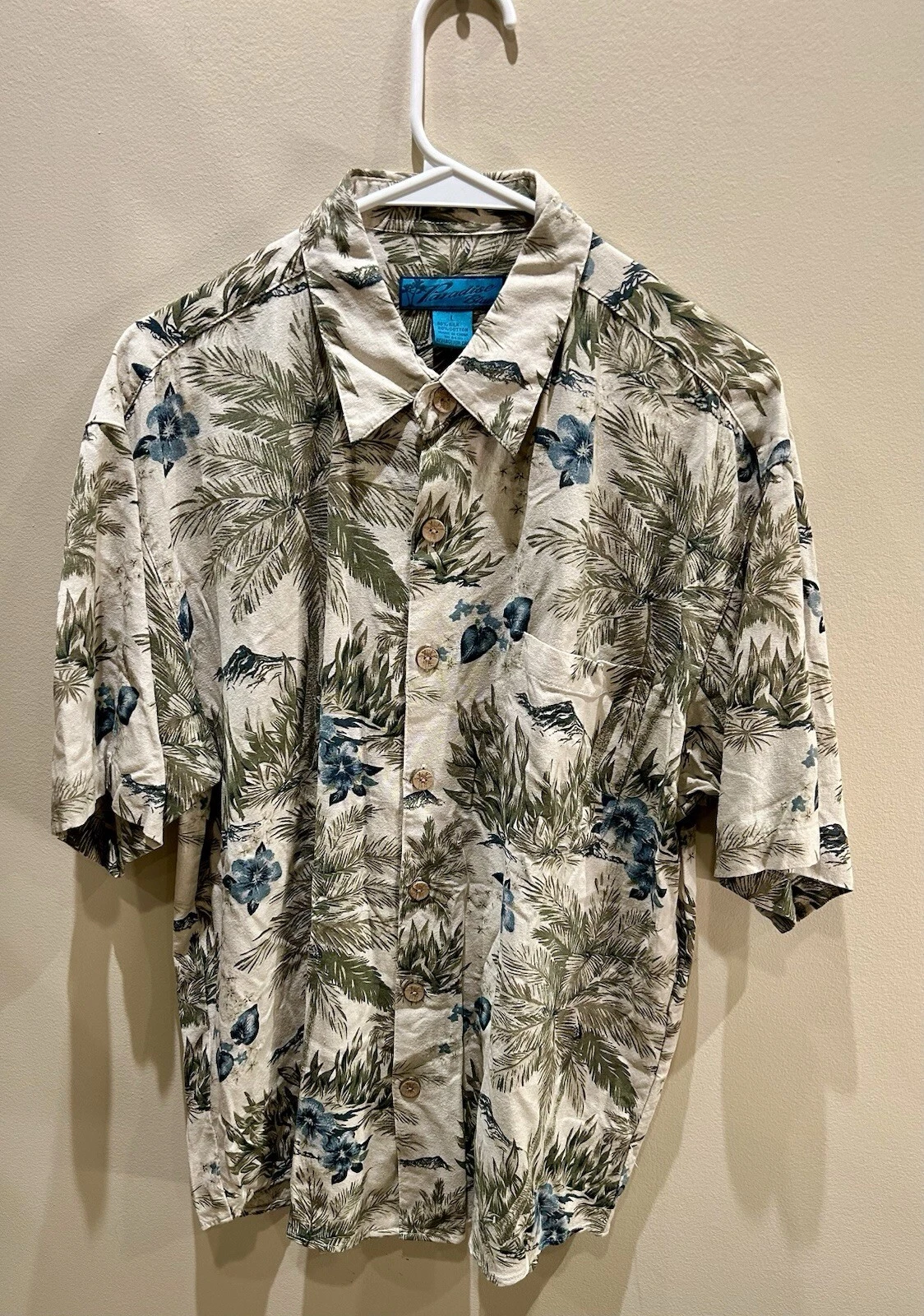 Paradise Blue Men Short Sleeve Shirt Size L, Hawaiian Style Pattern, Silk/cotton