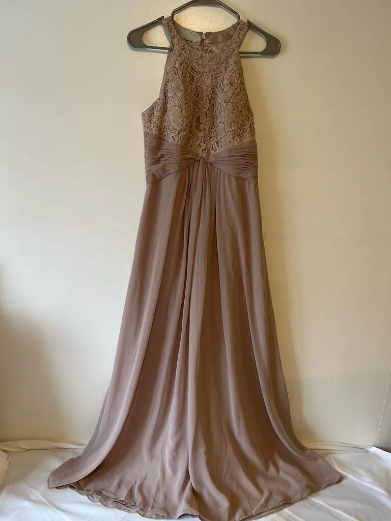 Eliza J Beaded Lace Chiffon Gown Evening Maxi Dress Sz 8 COLOR Beige