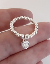 Sterling Silver Beaded Ring with Clear CZ Heart Charm - All Size's
