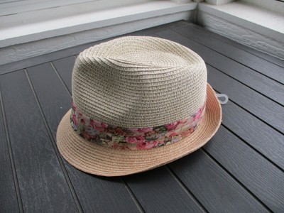 Straw Fedora Style Hat with Floral Trim 