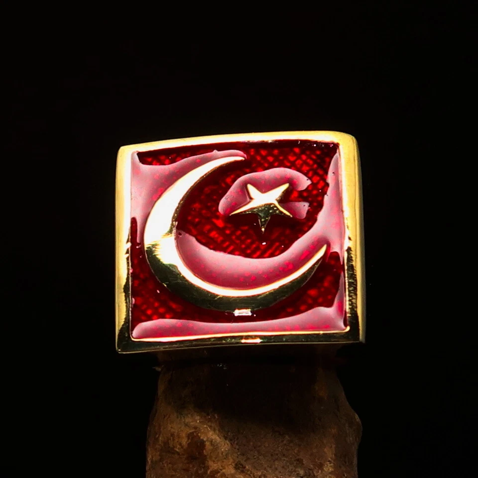 SQUARE MENS BRASS RING CRESCENT MOON AND STAR SYMBOL RED SIZE 8 - Image 2 of 4