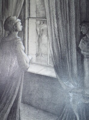 Original Bleistiftzeichnung, 'Figuren am Fenster', Edmund Caswell (1938-1996)