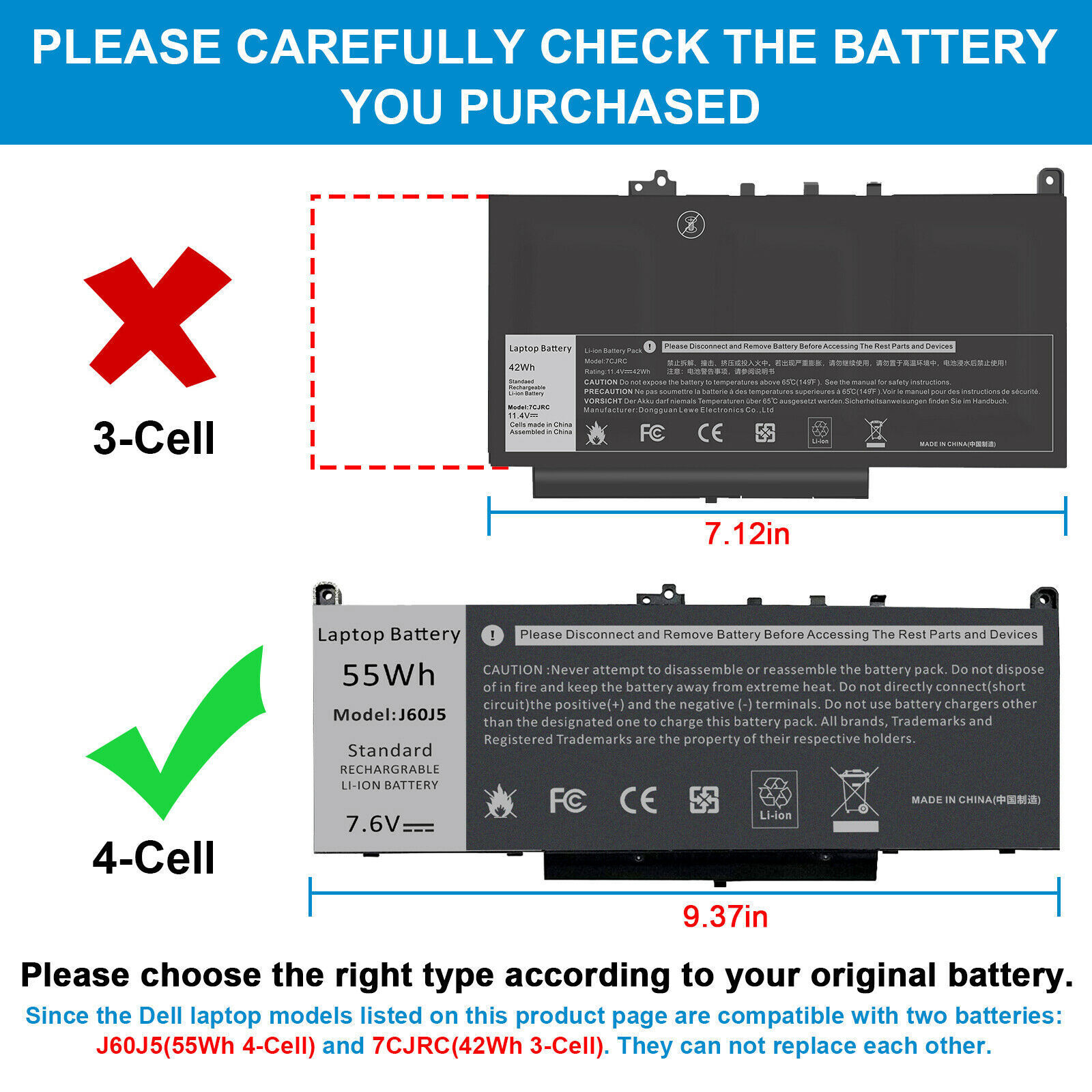 WLTree 7.6V 55WH J60J5 MC34Y Laptop Battery for Dell Latitude E7270