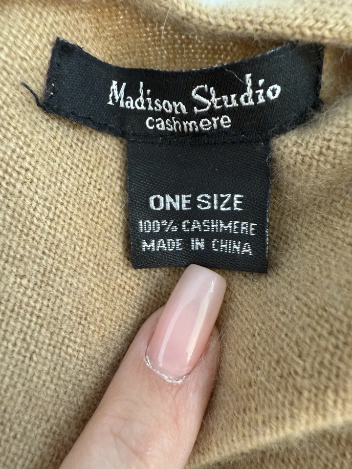 Madison Studio Scarf Wrap Shawl 100% Cashmere Tan Ruffle Quiet Luxury Old Money - Image 4 of 4