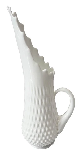 Vintage Fenton Swung Milk Glass Hobnail Pitcher Vase Handle 14.75" 16 Fingers