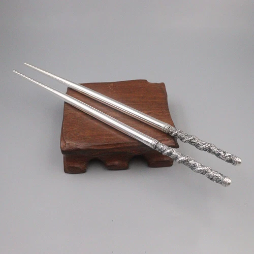 Palillos de plata fina real 999 mango de dragón y fénix palillos saludables - Imagen 3 de 24