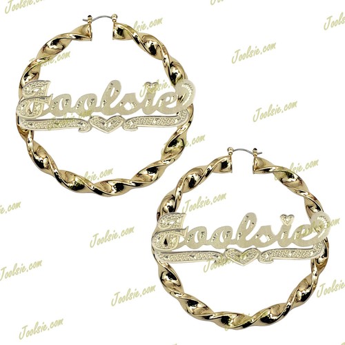 Personalized 3:00" Gold / 2TONE / Silver Twist Name Hoops Earrings (LARGE) - Picture 5 of 6