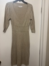 Calvin Klein Beige Knit V-Neck 3/4 Sleeve Knee Length Sweater Dress Regular M