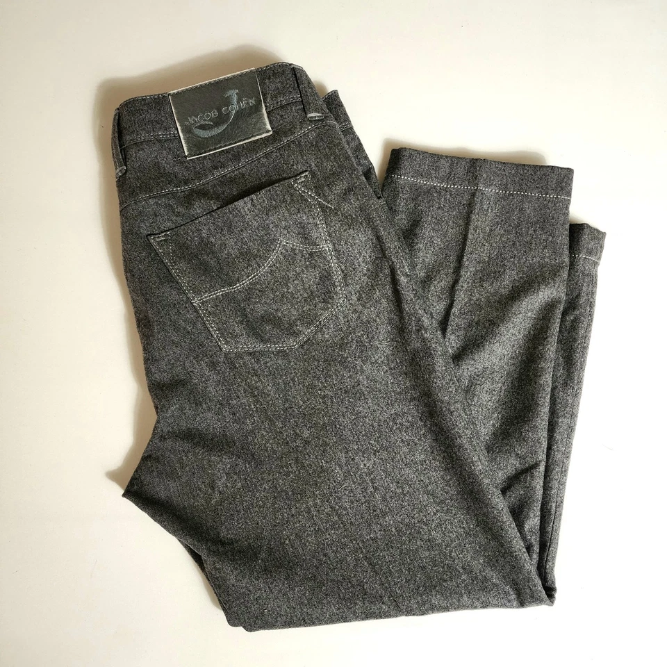 Jacob Cohen Hecho a Mano Gris Lana Franela Cómodo 5 Bolsillos Pantalones Para Hombre Talla 35x26" Foto 3 de 4
