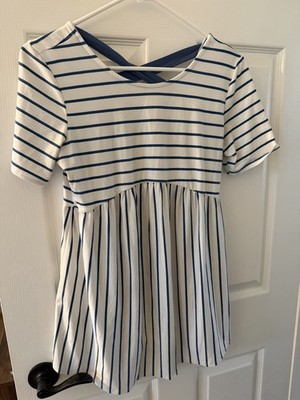 PinkBlush Maternity Women's White Blue Striped Criss Cross Back Dress Medium