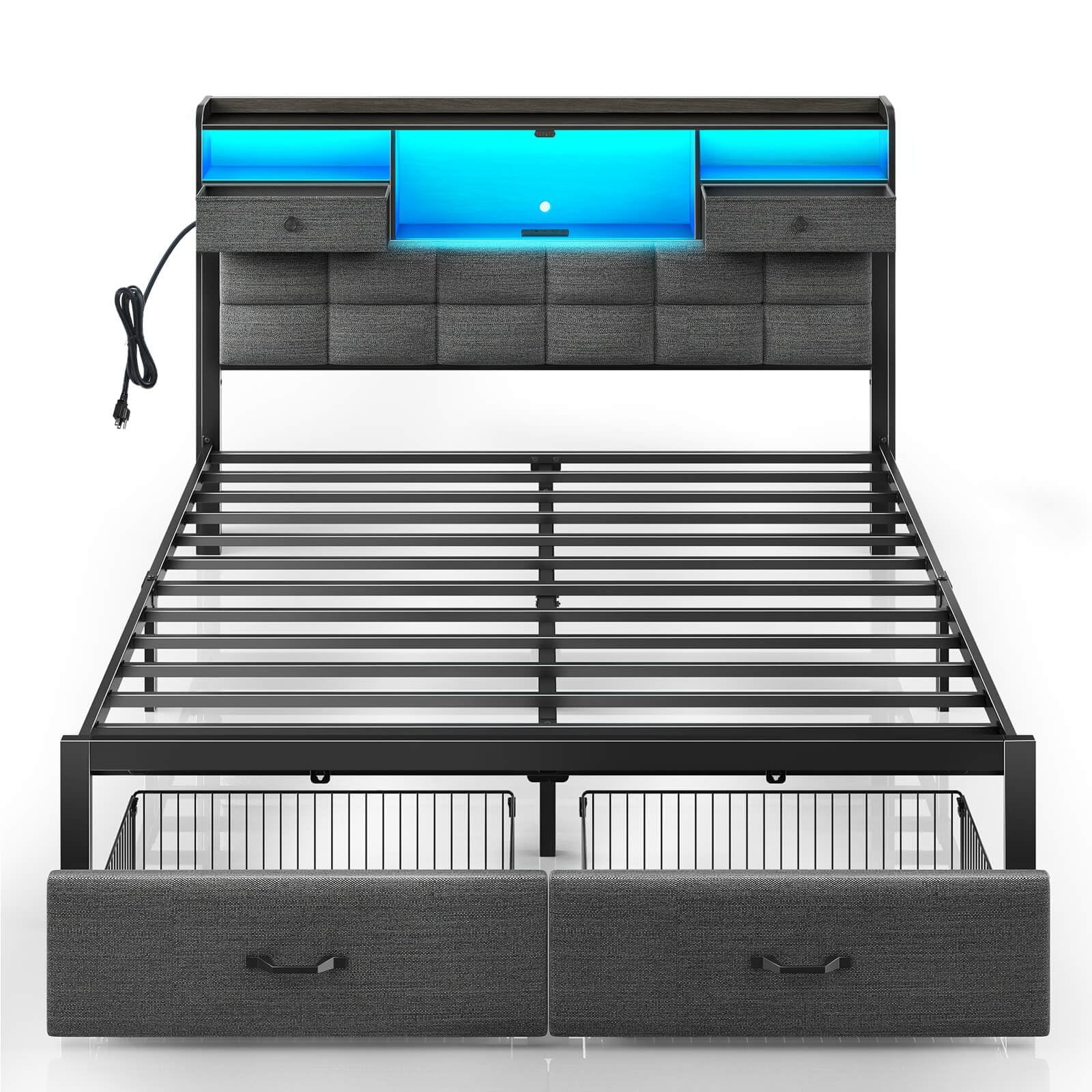 Full Size With Drawers And Charging Station, Upholstered Platform B...
