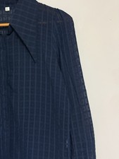 Navy Blue Geometric Chiffon Collared Button-Up Long Sleeve Women's Blouse S