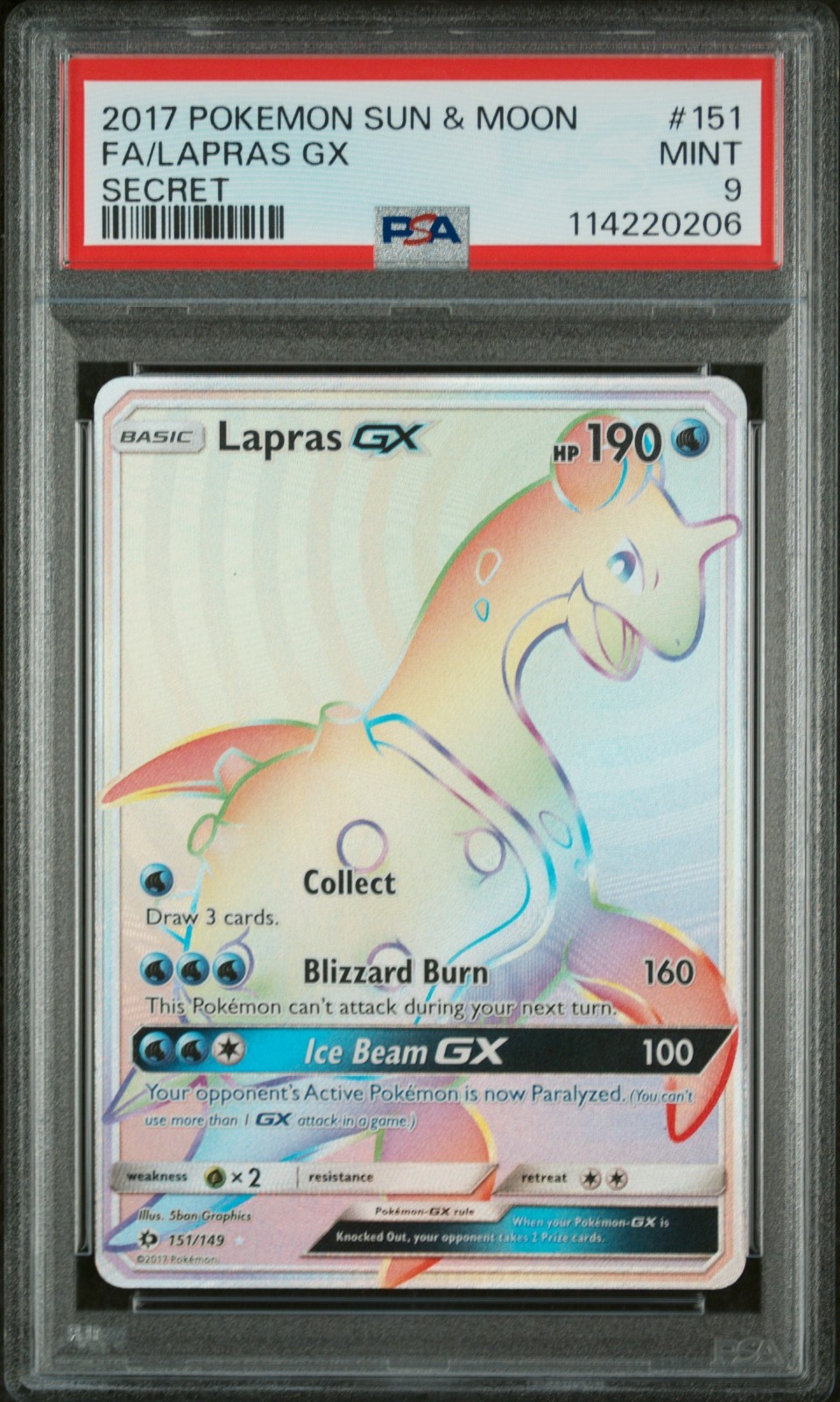 2017 POKEMON SUN & MOON #151 FA/LAPRAS GX SECRET PSA 9 MINT