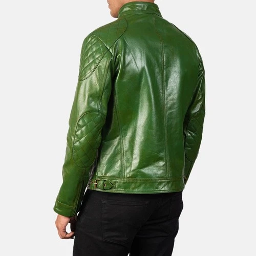 Men’s Green Genuine Leather Jacket  Classic Cafe Racer Motorcycle Biker Coat image 2