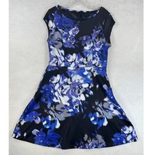 Cynthia Rowley Blue Floral Fit and Flare Dress Cap Sleeve Size 6 Black Purple