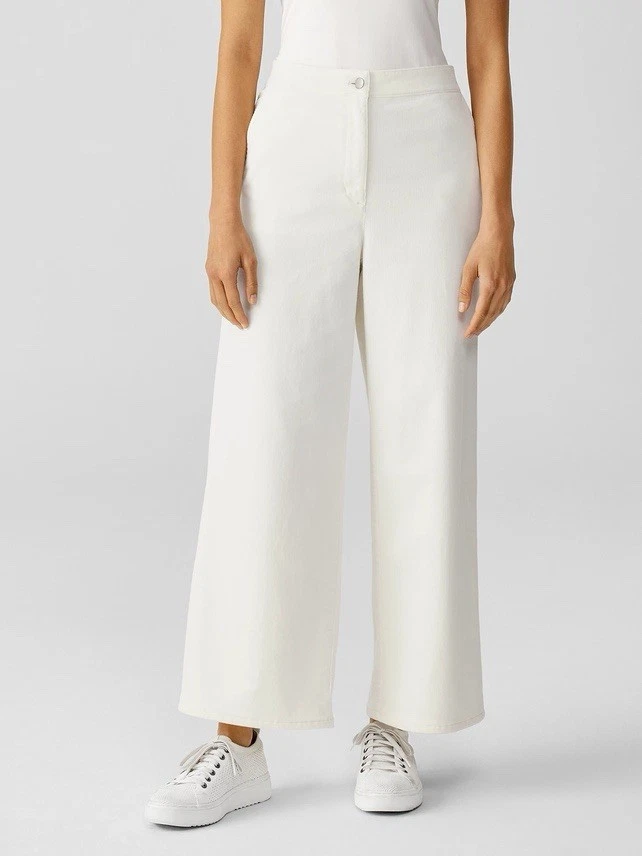 "Pantalón Eileen Fisher crema algodón orgánico elástico pana pierna ancha XS entrepierna 25""" Foto 2 de 4