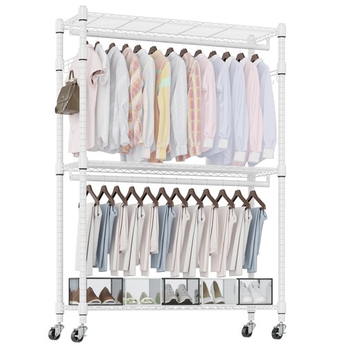3 Tier Heavy Duty Garment Rack with Wheels, Adjustable Wire Clothes Rack with...