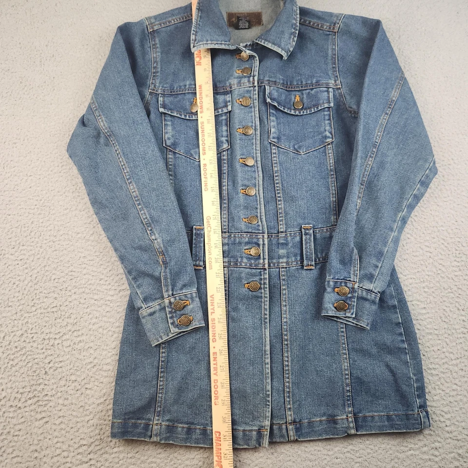 Chaqueta Denim Express Clásica Mujer Pequeña Azul Longline Camionero Abotonada Retro Foto 3 de 4