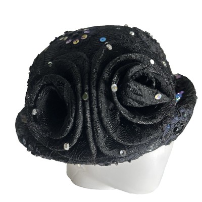 Vintage Mr. Hi\'s Classic Cloche Hat Womens Black Sequin Rhinestone Church Lady Edwardian Black Cloche Hat w Pleated Silk + Original Art  main image 3