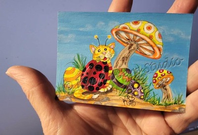 Cat  Ladybug Easter Egg Mushroom ACEO  mini Kim Loberg original fantasy Tiny art