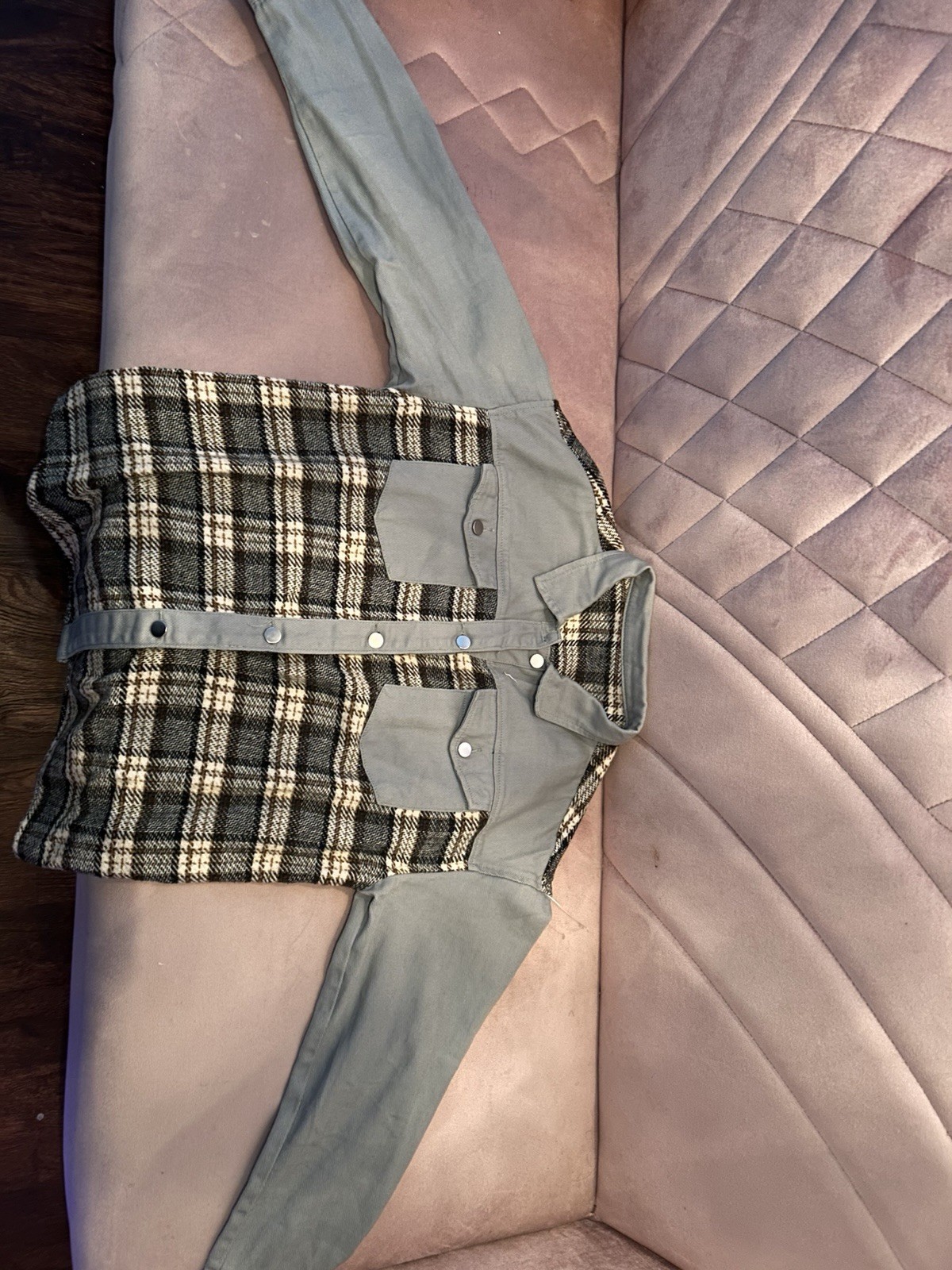 Plaid Patchwork Button-Up Shirt with Contrast Sle… - image 3