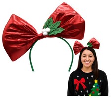 Oversized Red Holiday Bow And Holly Headband Christmas Headwear
