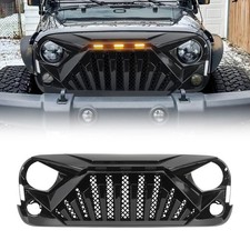Glossy Black Goliath Grille Wled Amber Lights For 07-18 Jeep Wrangler Jk Jku