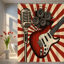 Vintage Red Music Shower Curtain with Microphone and Guitar Design