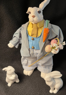 FANCY BUNNY RABBIT with a Carrot, Easter Eggs & Flowers   PLUS 2 WHITE BUNNIES
