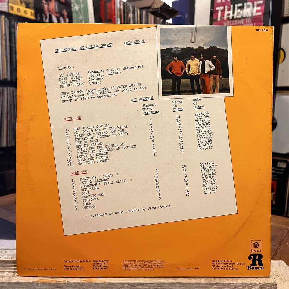 [ROCK/POP]~EXC LP~The KINKS~20 Golden Greats!~[1978~PYE~Issue]~UK IMPORT~ - Image 2 of 4