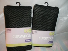 2 PAIRS CURVATION 2,#3556 BLACK TEXTURED TUMMY SMOOTHER MICROFIBER OPAQUE TIGHTS