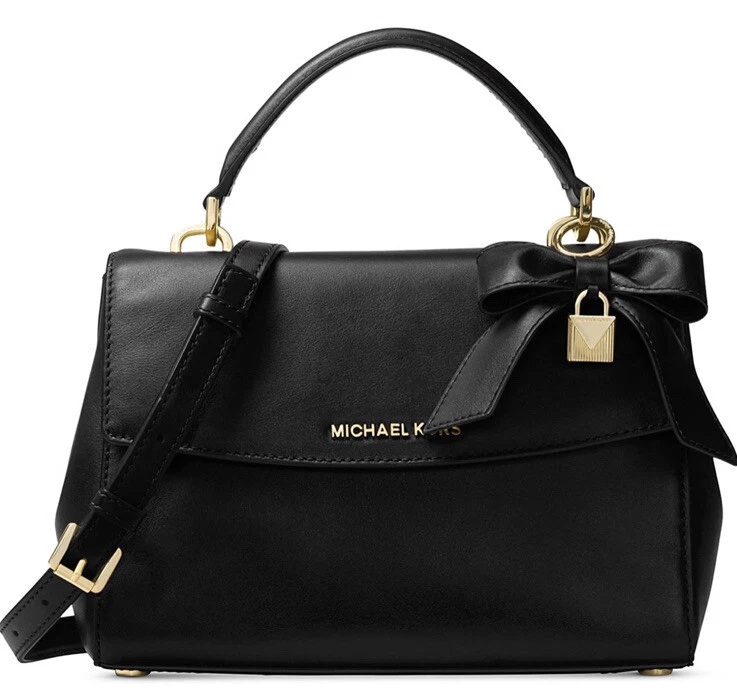 MICHAEL Michael Kors Ava Small Top Handle Leather Satchel Black bow bag  handbag