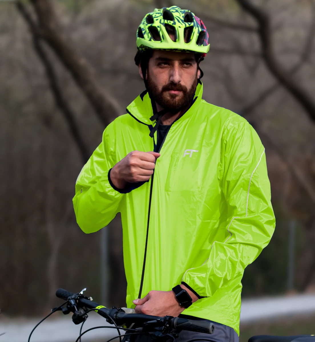 Mens Cycling Waterproof Rain Jacket Hi Visibility Top Hooded Rain Coat S-XXL