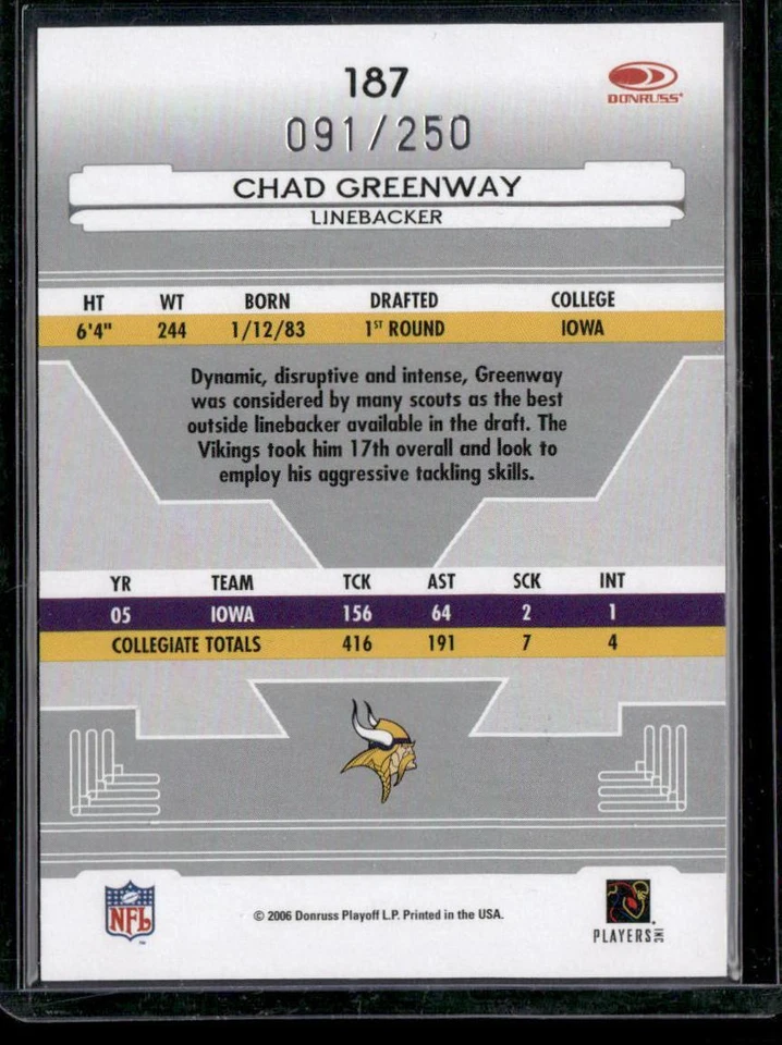 2006 Leaf Certified Materials #187 Chad Greenway Mirror Red Signatures #/250 - Image 2 of 2