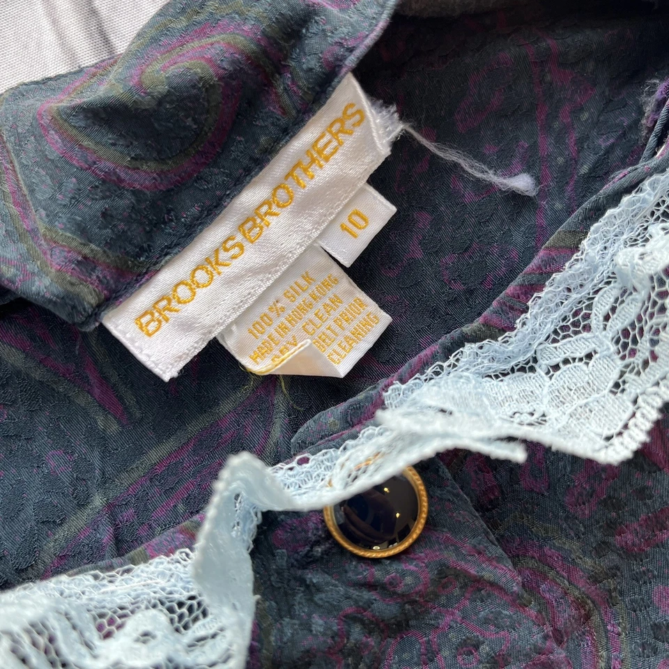 Vestido de Colección Años 80 Seda Brooks Brothers Paisley Encaje Cuello Defecto Pradera Loco Hombres Foto 4 de 4