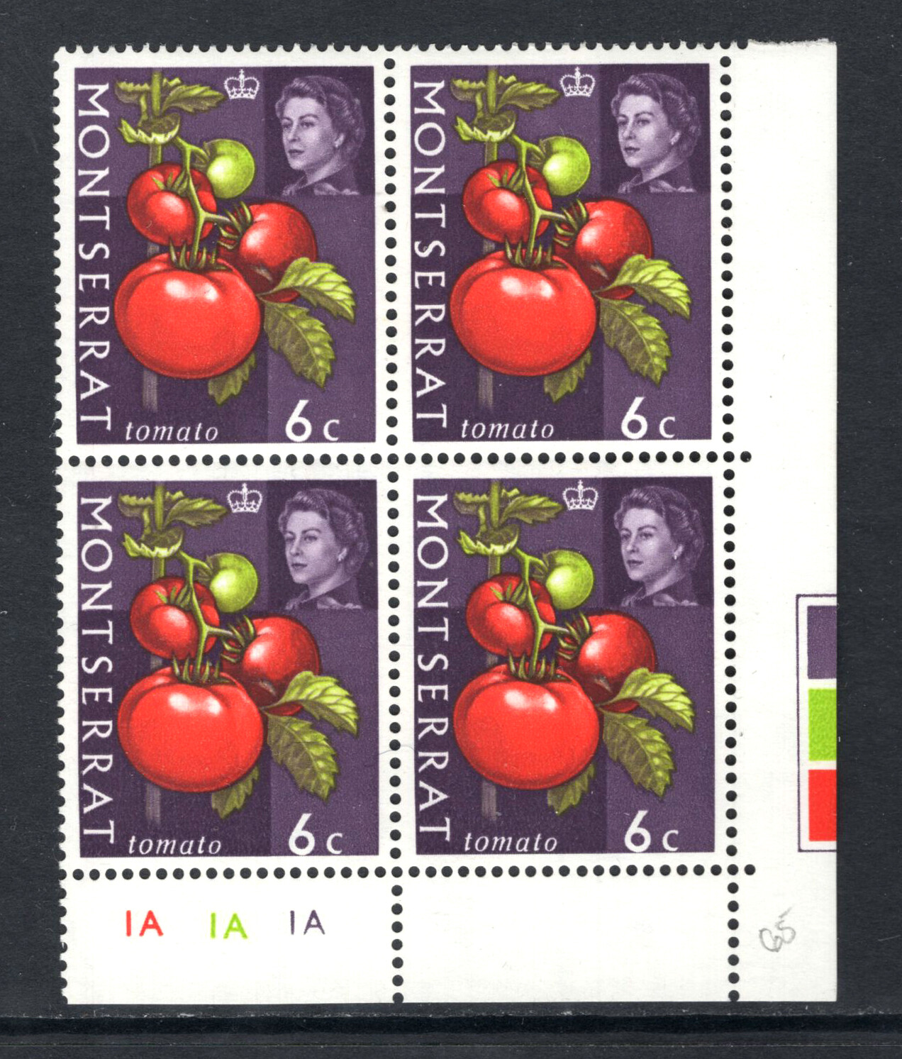 M15931 Montserrat 1965 SG165 - 6c Tomate Esquina Inferior PLACA (1A) Bloque de 4.