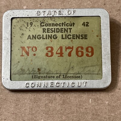 Vintage 1942 Connecticut Angling License In Aluminum Frame CT Fishing Badge