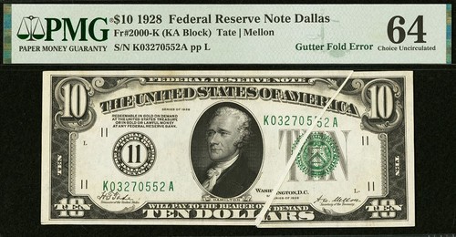 1928 $10 FRN Dallas PMG 64 - Rare Gutter Fold Error - Gold on Demand Collectible - Picture 2 of 3