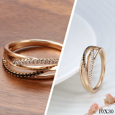 Luxus Damen Ring Natürlicher Schwarzer Zirkon Ring 585 Roségold Geometrische - Bild 1 von 4