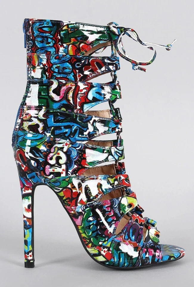 Tacón con cordones Liliana Graffiti enjaulado | Tacones altos | Talla 8,5 | Tacones multicolores Foto 2 de 4