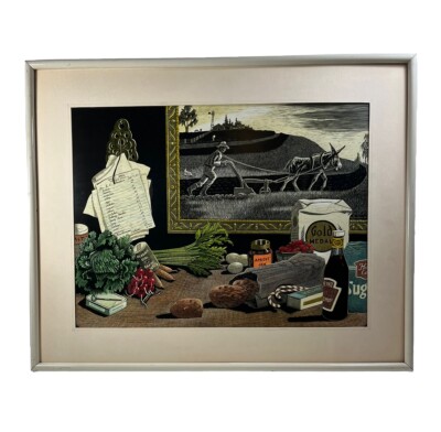 NORMAN GADDINI SCRATCH BOARD FARMING ILLUSTRATION FOOD AD STILL LIFE DRAWING