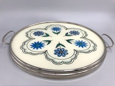 Antik Vintage Art Déco Tortenplatte Chrom Glas Blumen Muster blau grün schwarz